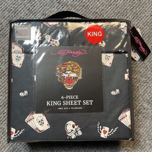 Ed Hardy 6-Piece KING Bedding Sheet Set Black Graphic Print Y2K Skull Cards Dice